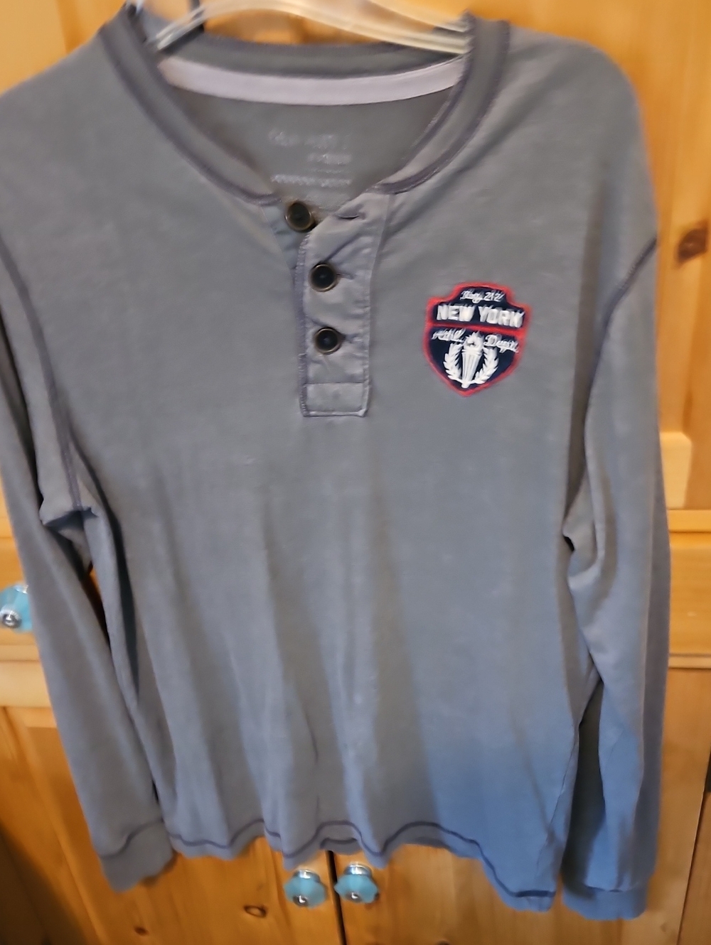 Long Sleeve Henley Top with New York Crest - Grey
